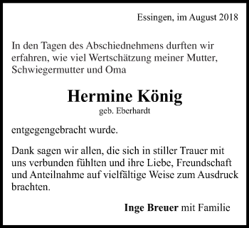 Traueranzeige von Hermine König von Schwäbische Post