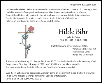 Traueranzeige von Hilde Bihr von Schwäbische Post