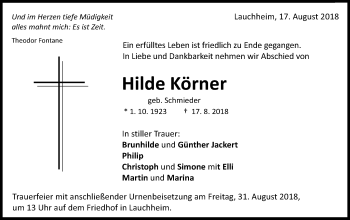 Traueranzeige von Hilde Körner von Schwäbische Post