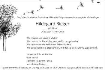 Traueranzeige von Hildegard Rieger von Gmünder Tagespost