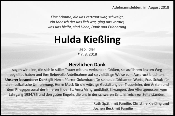 Traueranzeige von Hulda Kießling von Schwäbische Post