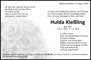 Traueranzeige von Hulda Kießling von Schwäbische Post