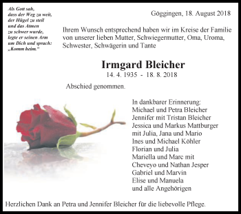 Traueranzeige von Irmgard Bleicher von Gmünder Tagespost