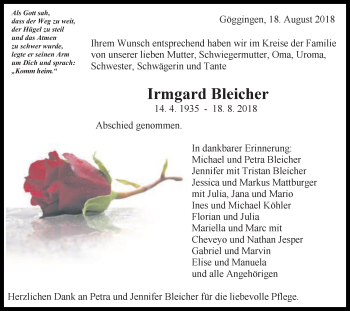 Traueranzeige von Irmgard Bleicher