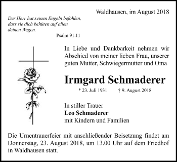 Traueranzeige von Irmgard Schmaderer von Gmünder Tagespost