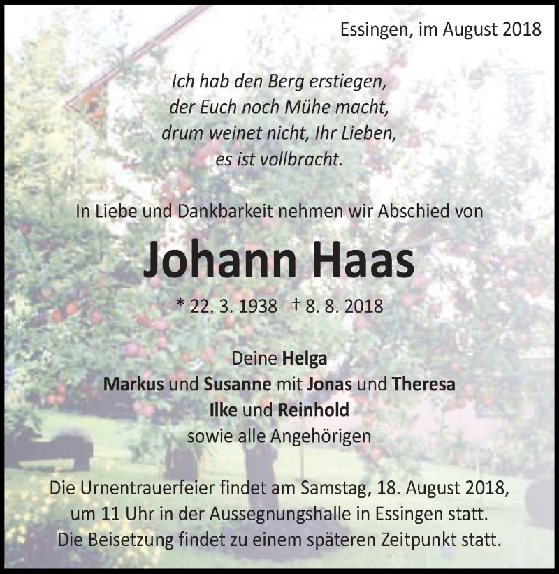  Traueranzeige für Johann Haas vom 14.08.2018 aus Schwäbische Post
