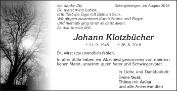 Traueranzeige von Johann Klotzbücher von Gmünder Tagespost