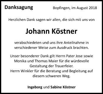 Traueranzeige von Johann Köstner von Schwäbische Post