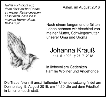 Traueranzeige von Johanna Krauß von Schwäbische Post