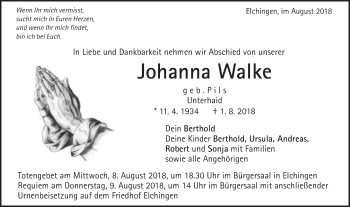 Traueranzeige von Johanne Walke von Schwäbische Post
