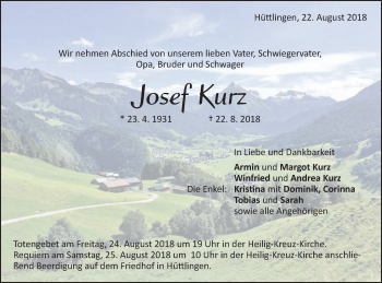 Traueranzeige von Josef Kurz von Schwäbische Post