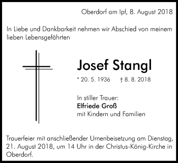 Traueranzeige von Josef Stangl von Schwäbische Post