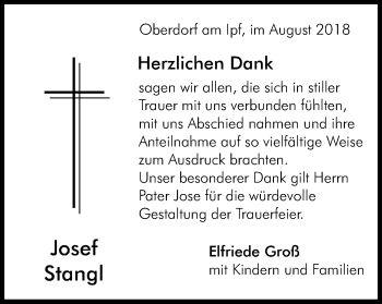 Traueranzeige von Josef Stangl von Bopfinger Stadtanzeiger