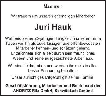 Traueranzeige von Juri Hauk von Gmünder Tagespost