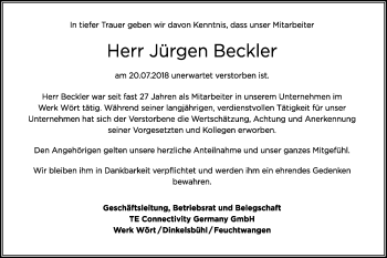 Traueranzeige von Jürgen Beckler von Schwäbische Post