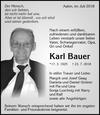 Traueranzeige von Karl Bauer von Schwäbische Post