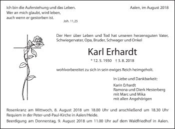 Traueranzeige von Karl Erhardt von Schwäbische Post