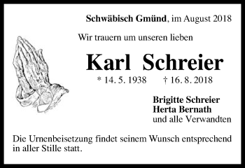 Traueranzeige von Karl Schreier von Gmünder Tagespost