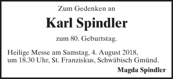 Traueranzeige von Karl Spindler von Gmünder Tagespost