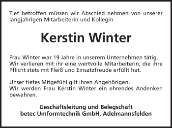 Traueranzeige von Kerstin Winter von Schwäbische Post