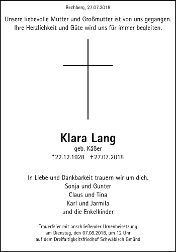 Traueranzeige von Klara Lang von Gmünder Tagespost