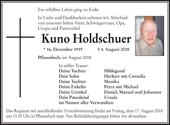 Traueranzeige von Kuno Holdschuer von Schwäbische Post