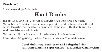 Traueranzeige von Kurt Binder von Schwäbische Post