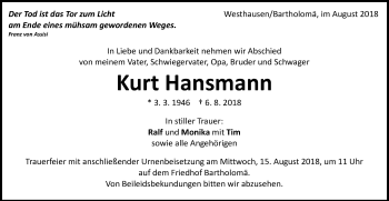 Traueranzeige von Kurt Hansmann von Schwäbische Post