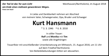 Traueranzeige von Kurt Hansmann von Gmünder Tagespost