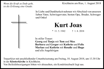 Traueranzeige von Kurt Joas von Schwäbische Post