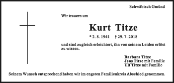 Traueranzeige von Kurt Titze von Gmünder Tagespost