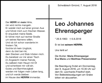 Traueranzeige von Leo Johannes Ehrensperger von Gmünder Tagespost