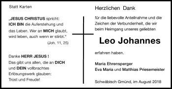 Traueranzeige von Leo Johannes Ehrensperger von Gmünder Tagespost