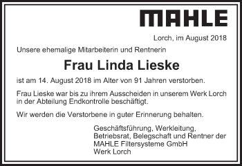 Traueranzeige von Linda Lieske von Gmünder Tagespost