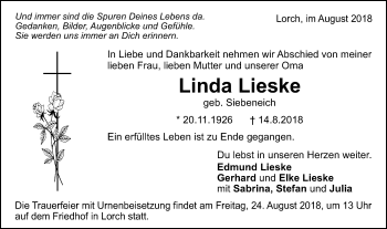 Traueranzeige von Linda Lieske von Gmünder Tagespost
