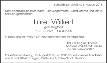 Traueranzeige von Lore Völkert von Gmünder Tagespost