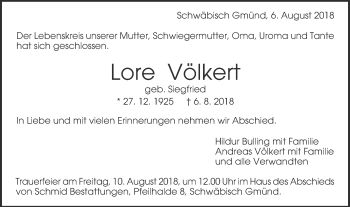 Traueranzeige von Lore Völkert