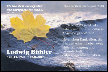 Traueranzeige von Ludwig Bühler von Gmünder Tagespost