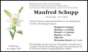 Traueranzeige von Manfred Schupp von Gmünder Tagespost