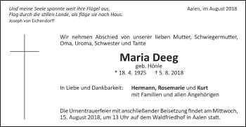 Traueranzeige von Maria Deeg von Schwäbische Post