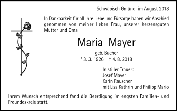 Traueranzeige von Maria Mayer von Gmünder Tagespost