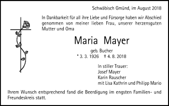 Traueranzeige von Maria Mayer