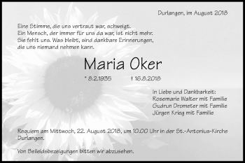 Traueranzeige von Maria Oker von Gmünder Tagespost