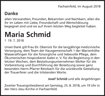 Traueranzeige von Maria Schmid von Schwäbische Post