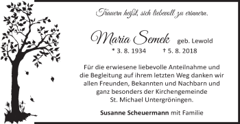 Traueranzeige von Maria Semek von Kocher-Lein-Bote