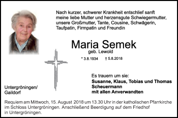 Traueranzeige von Maria Semek von Schwäbische Post