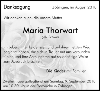 Traueranzeige von Maria Thorwart von Schwäbische Post