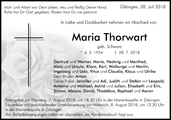 Traueranzeige von Maria Thorwart von Schwäbische Post