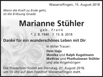 Traueranzeige von Marianne Stühler von Schwäbische Post