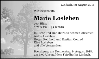 Traueranzeige von Marie Losleben von Gmünder Tagespost